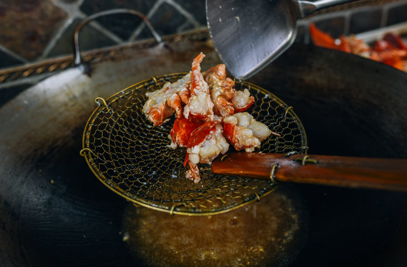 fried lobster pieces in spider