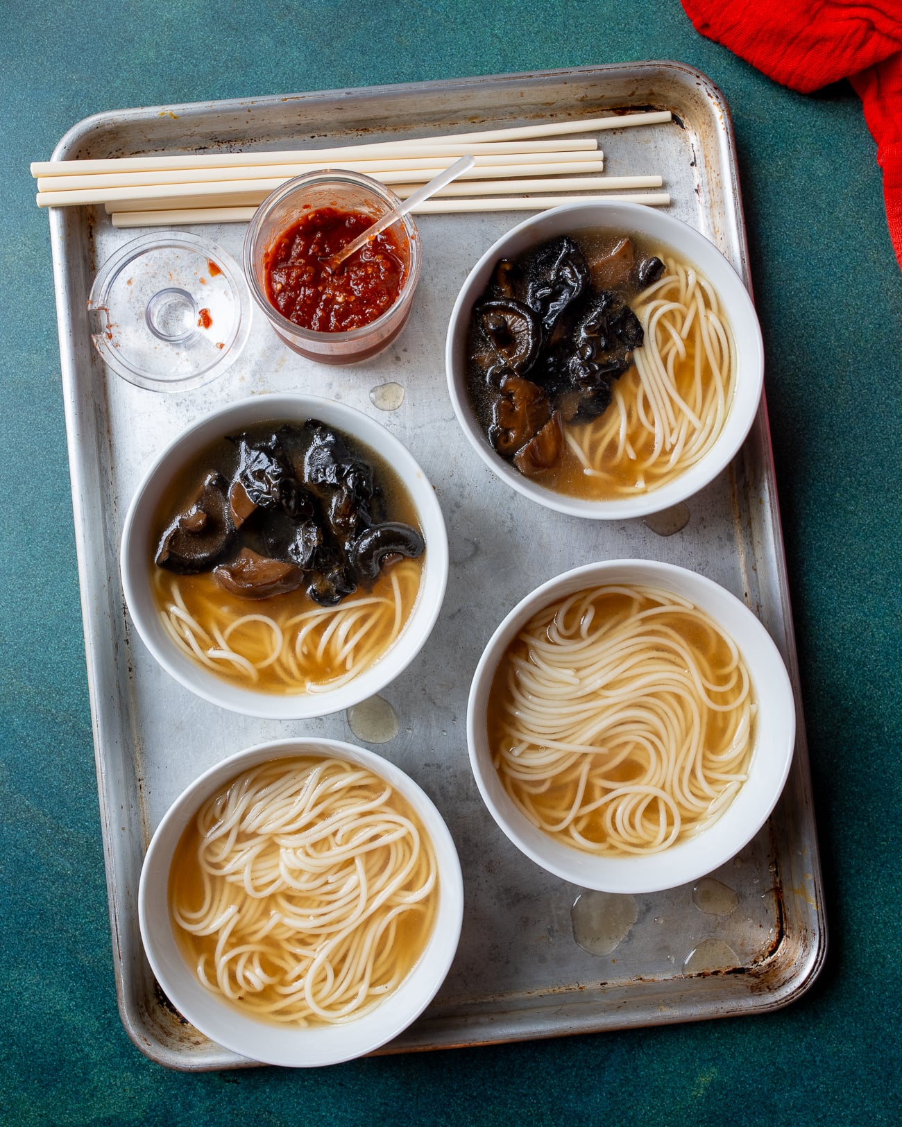 Four Bowls of vegan Chinese Mushroom Noodle Soup
