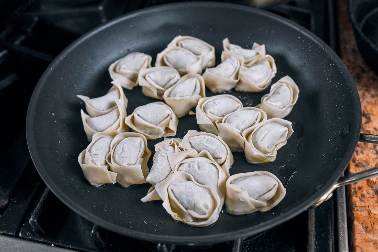 Wontons in non-stick pan