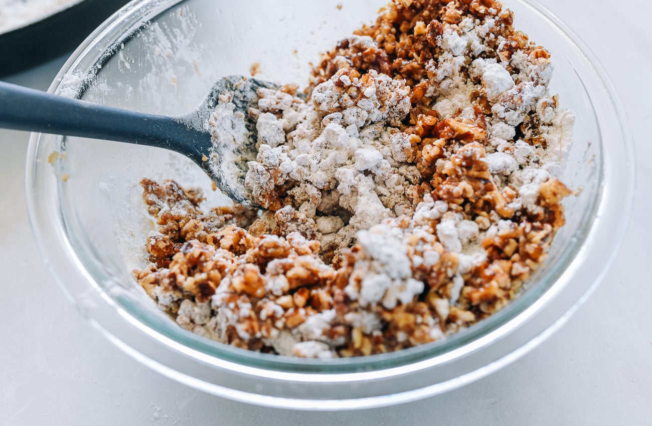 Mixing pecan filling for pecan pie mooncakes
