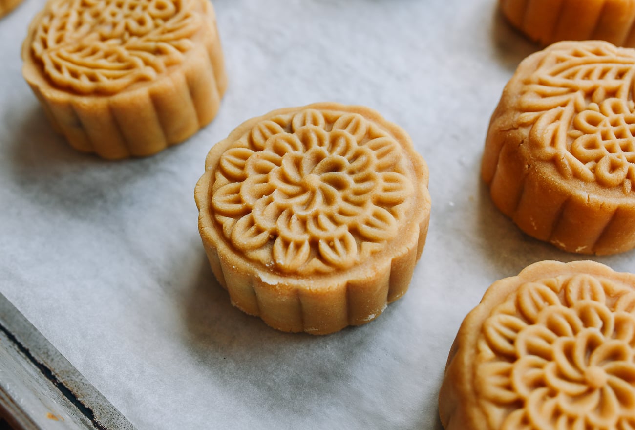 mooncakes on baking sheet