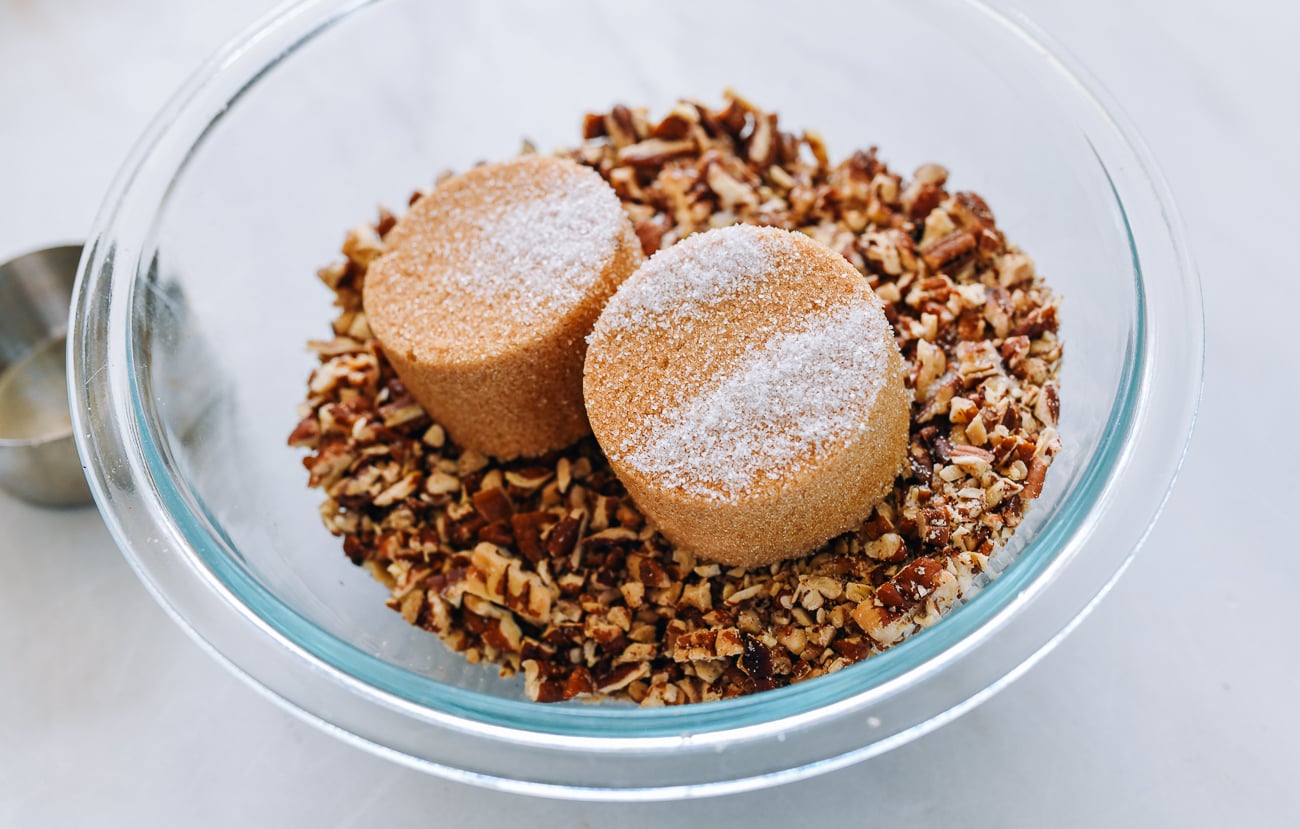 brown sugar and salt added to chopped pecans