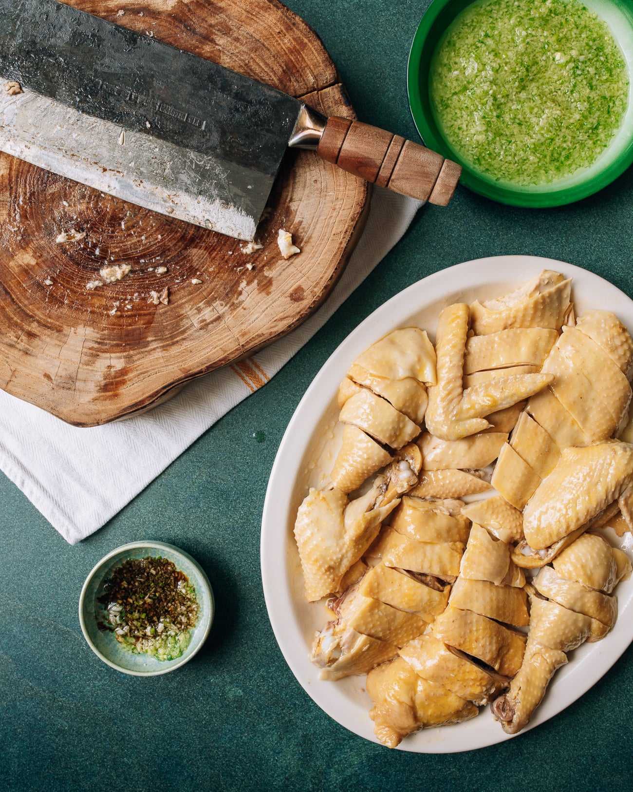 carved Chinese poached chicken on platter