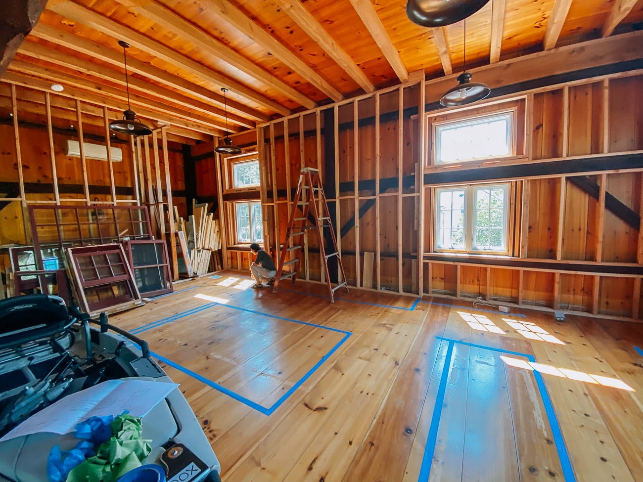 blocking out kitchen in barn with painter's tape