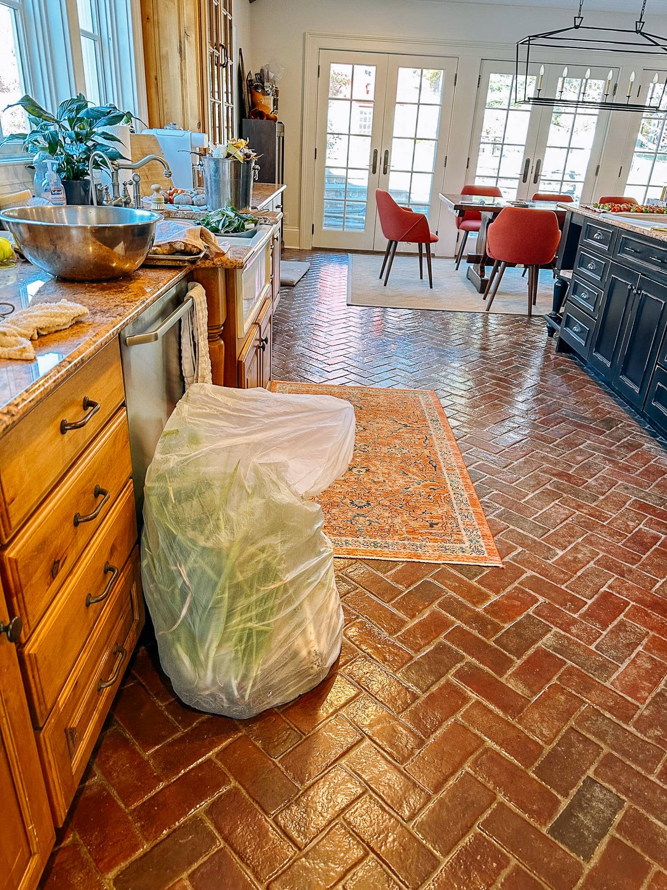 trashbag of scallions in kitchen