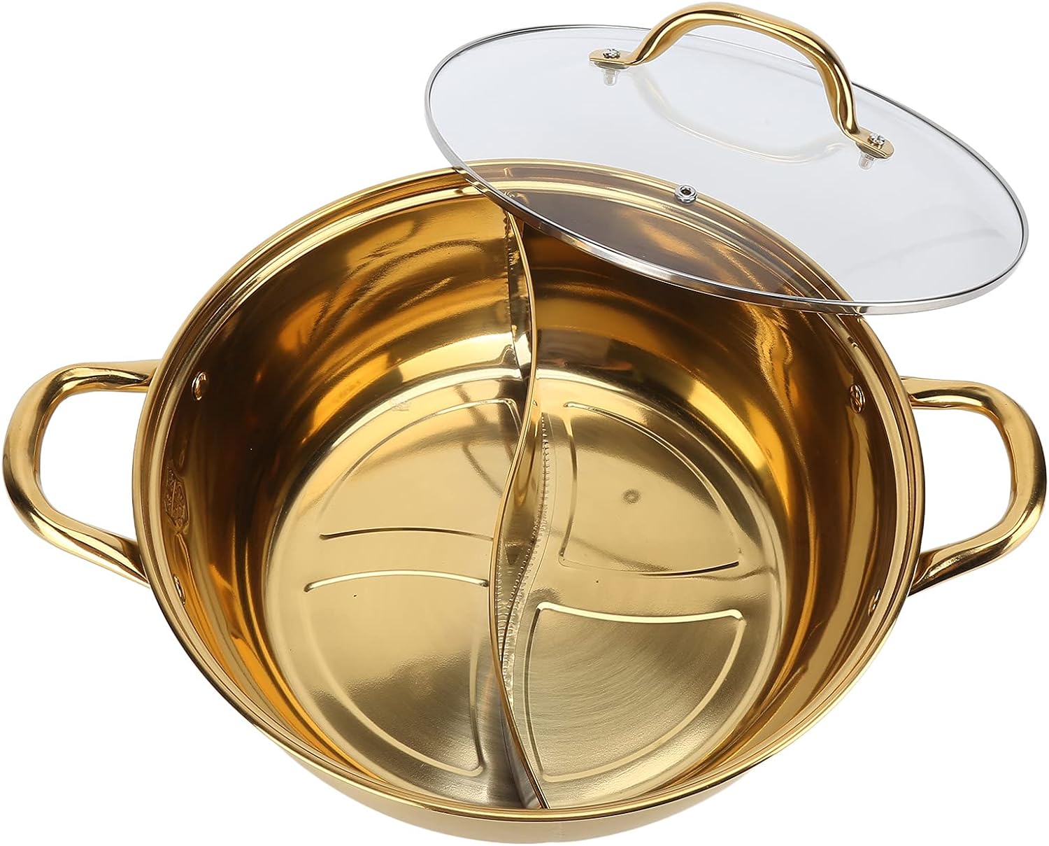 brass hot pot with glass lid and two compartments 