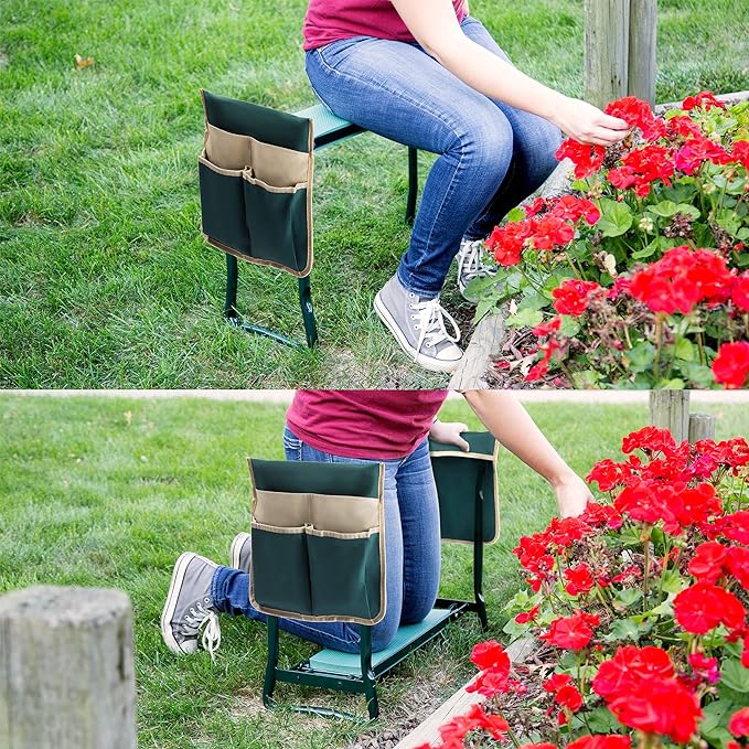 person sitting on gardening bench and then kneeling on the same converted gardening bench tending to red flower patch 