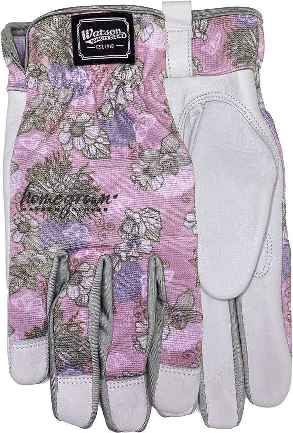 purple floral gardening gloves with purple flower pattern from Watson Quality Glove brand, est. 1918