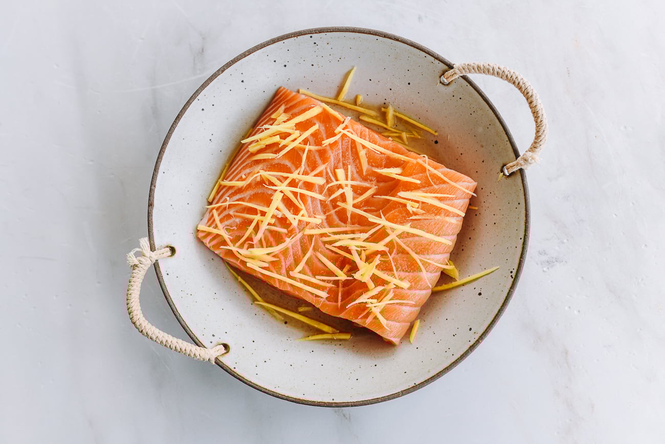 julienned ginger on salmon