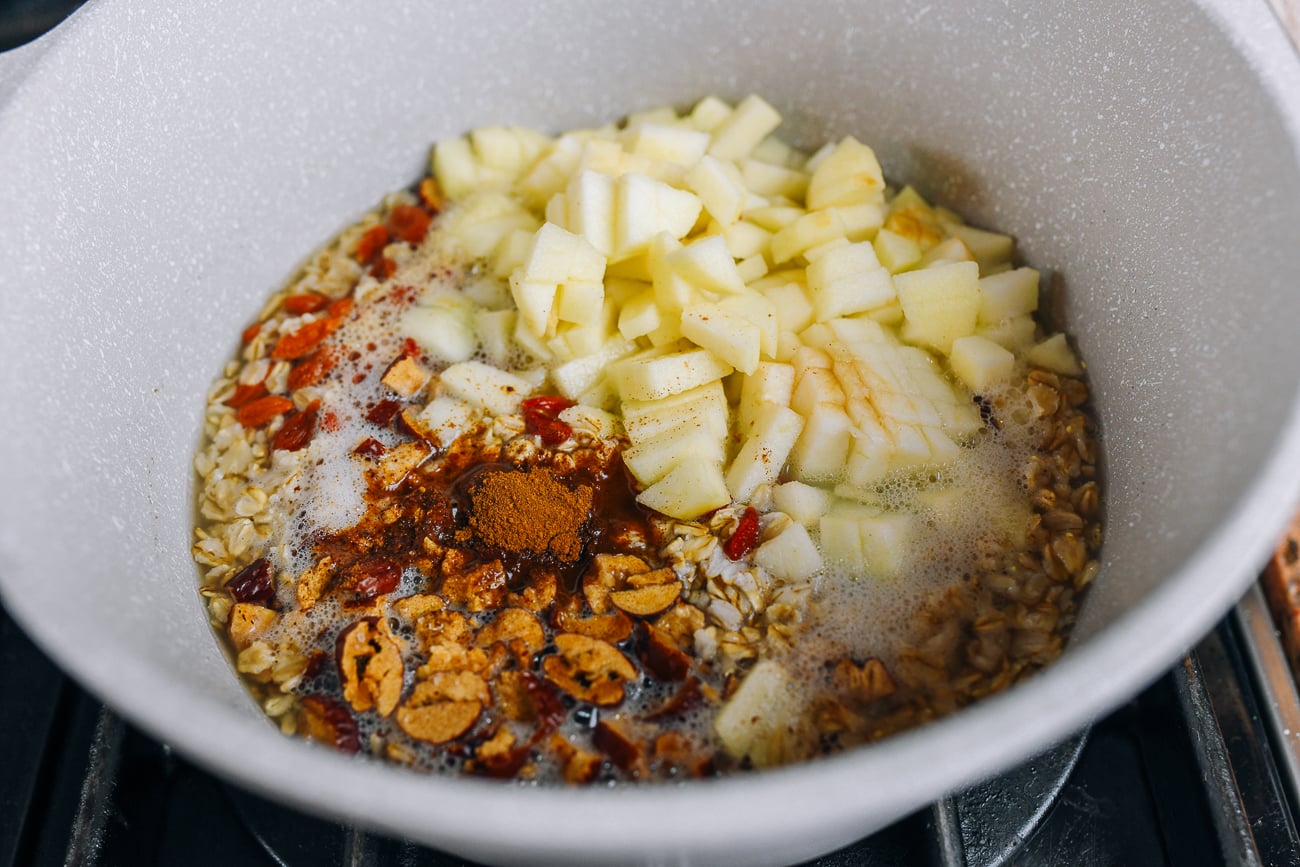 ingredients for apple cinnamon oatmeal in pot