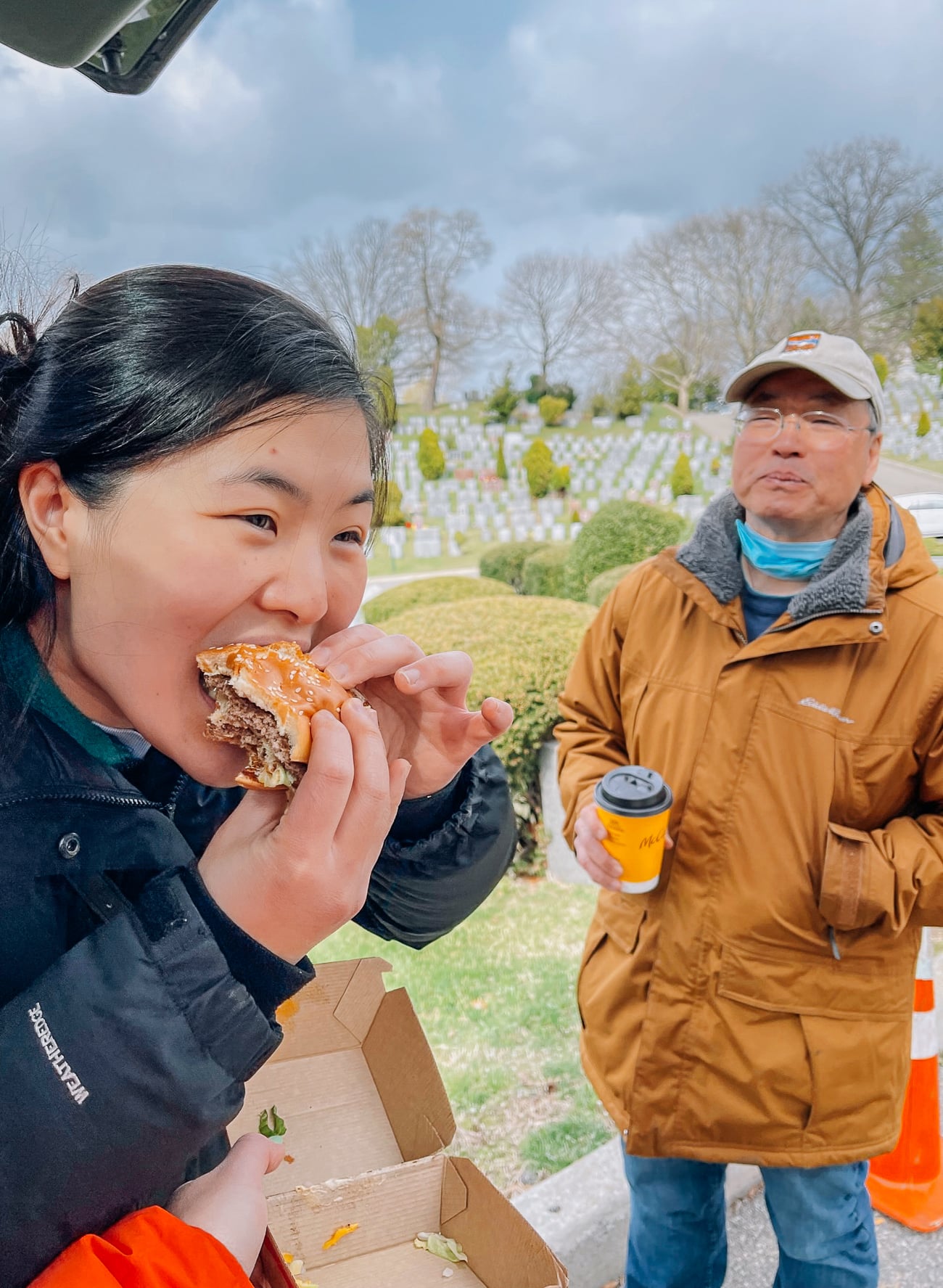 Sarah eating Big Mac and Bill holding McDonald's Coffee
