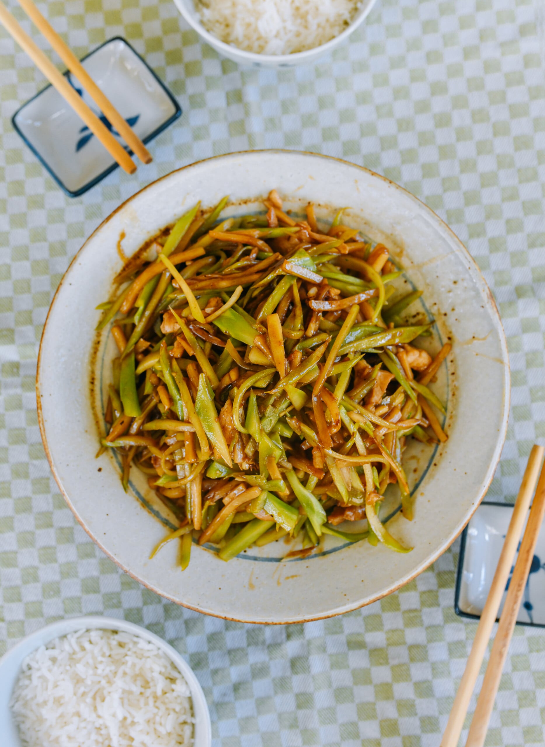 stir-fried broccoli stems with bamboo shoots and chicken