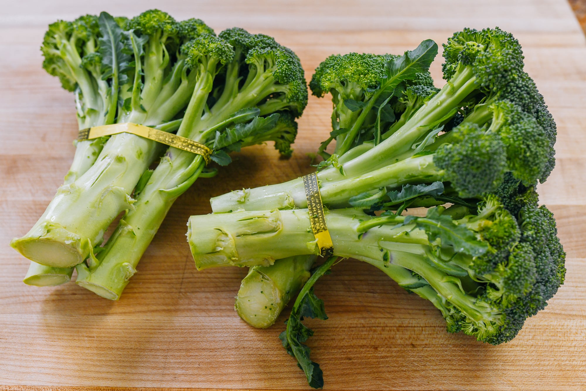 two bunches of broccoli with stems