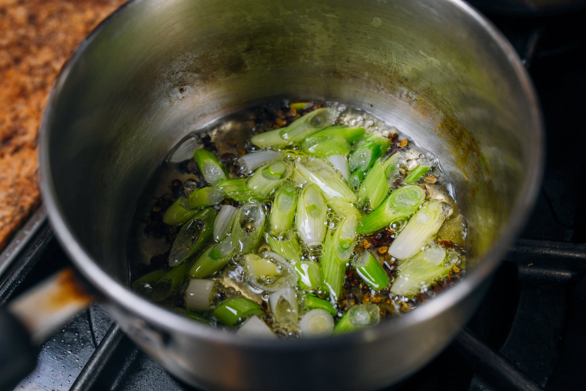 infusing oil with scallions and peppercorns