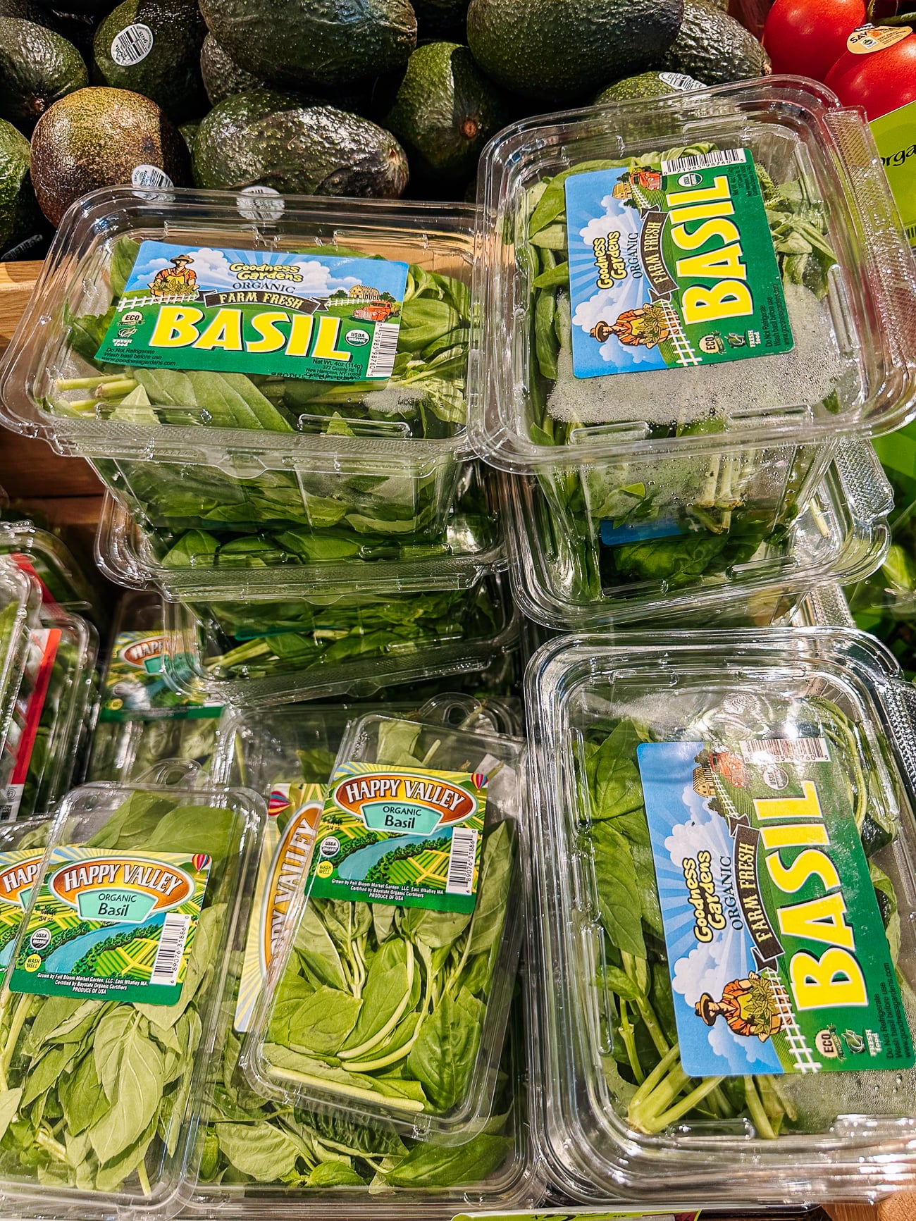 storebought basil bunches in boxes