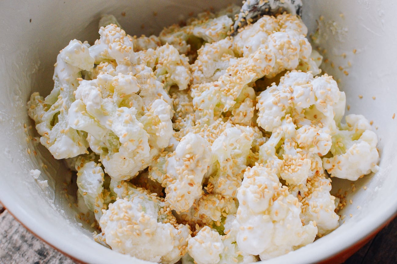 battered cauliflower with sesame seeds