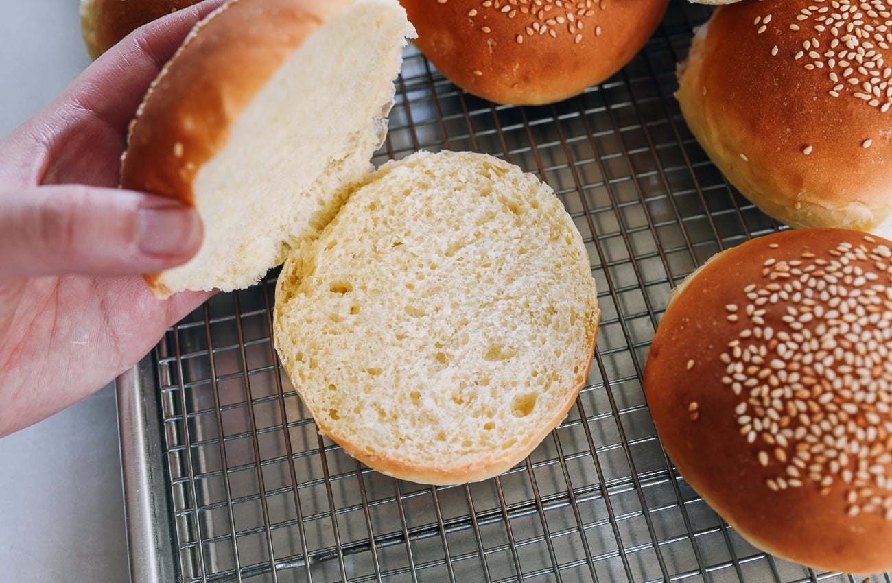 Hamburger bun sliced in half