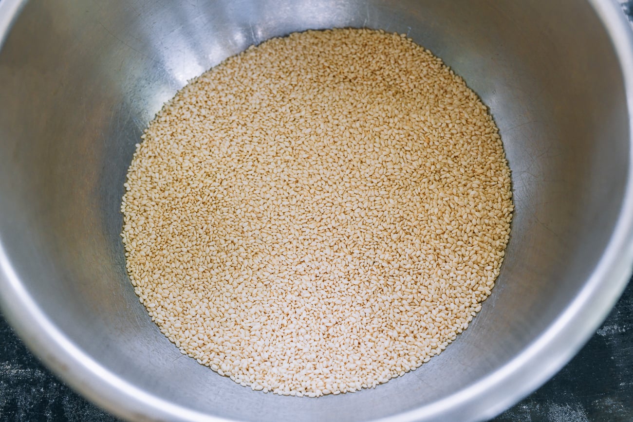 sesame seeds in metal bowl