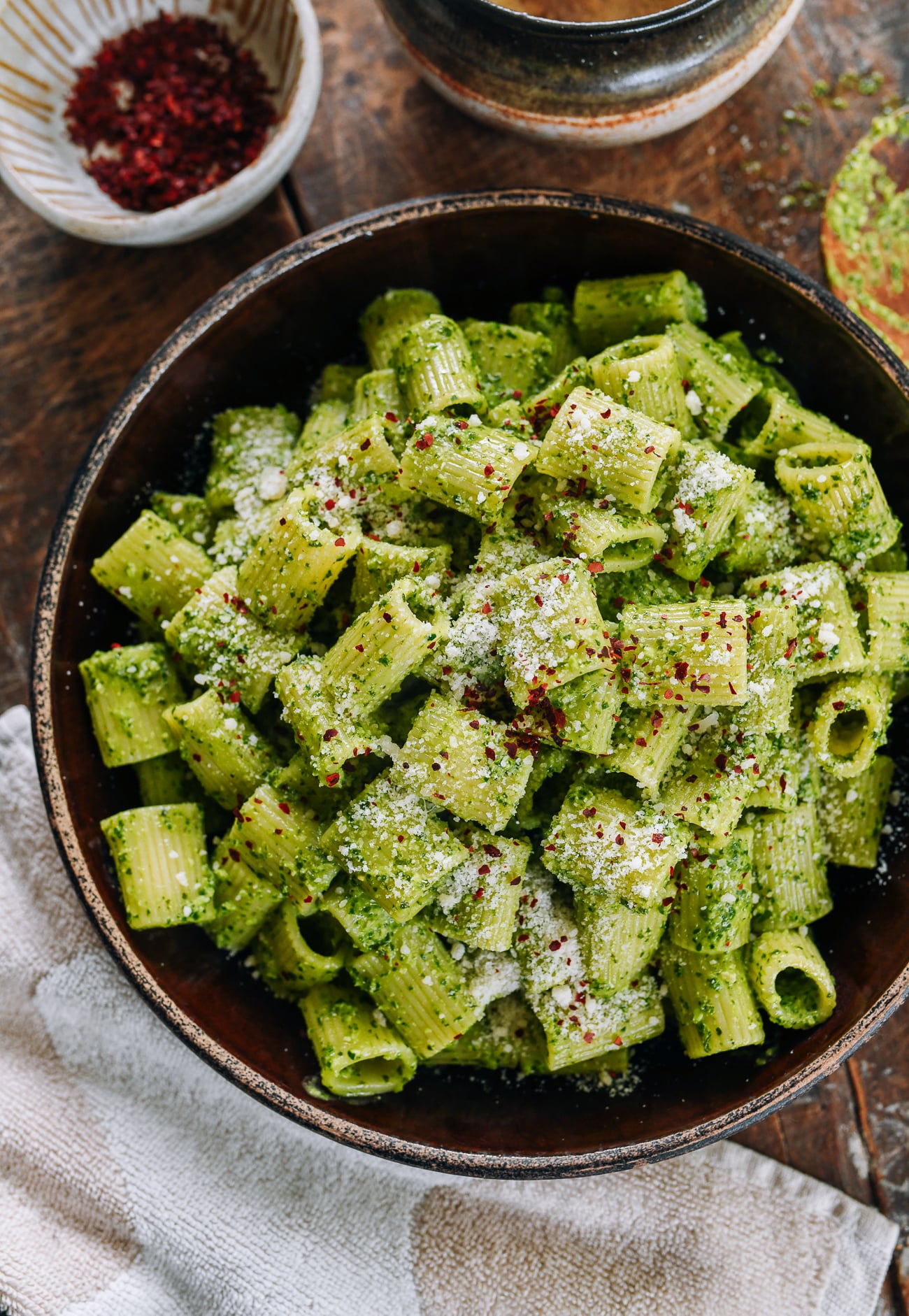Just Kale Pesto Pasta with parmesan and aleppo chili pepper