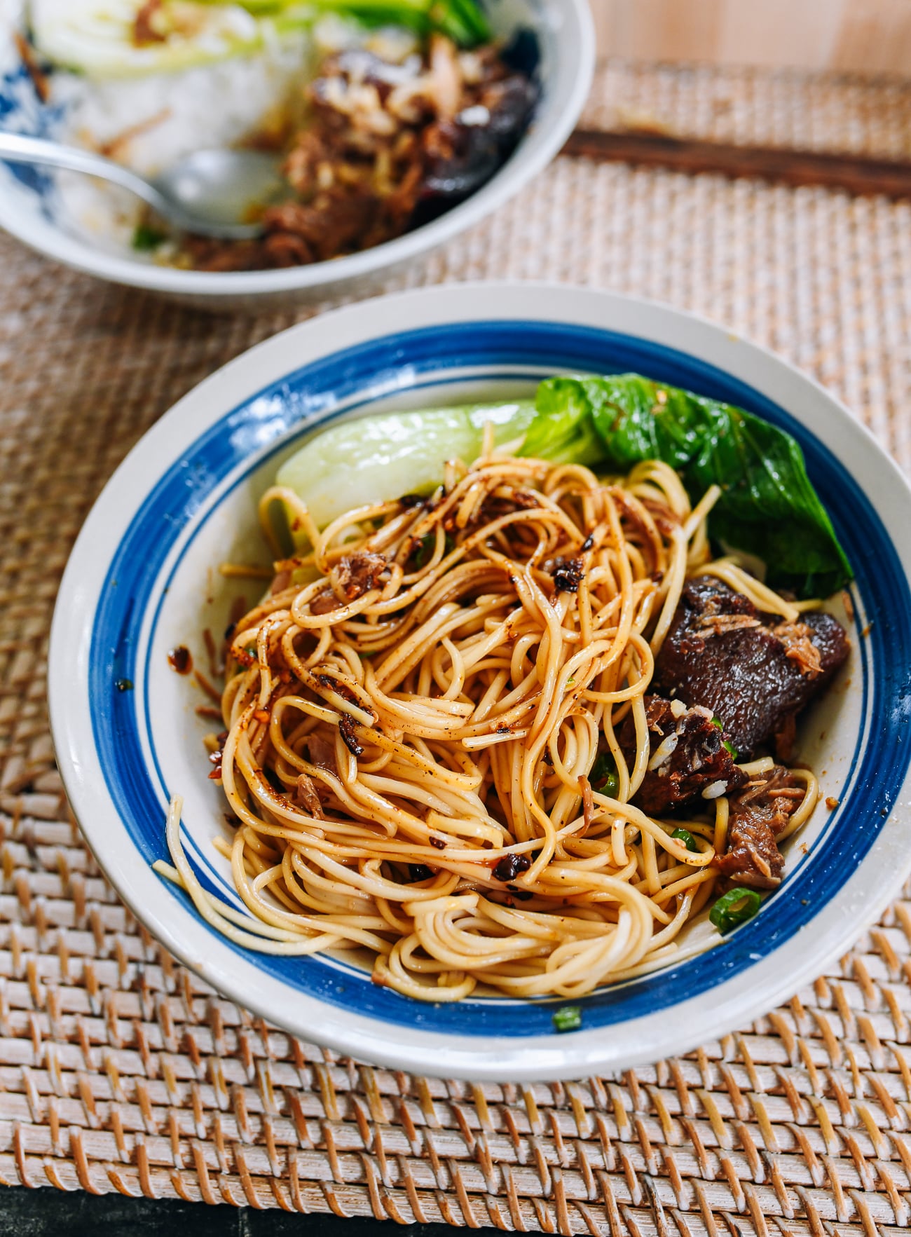 red braised pulled pork with noodles and chili oil