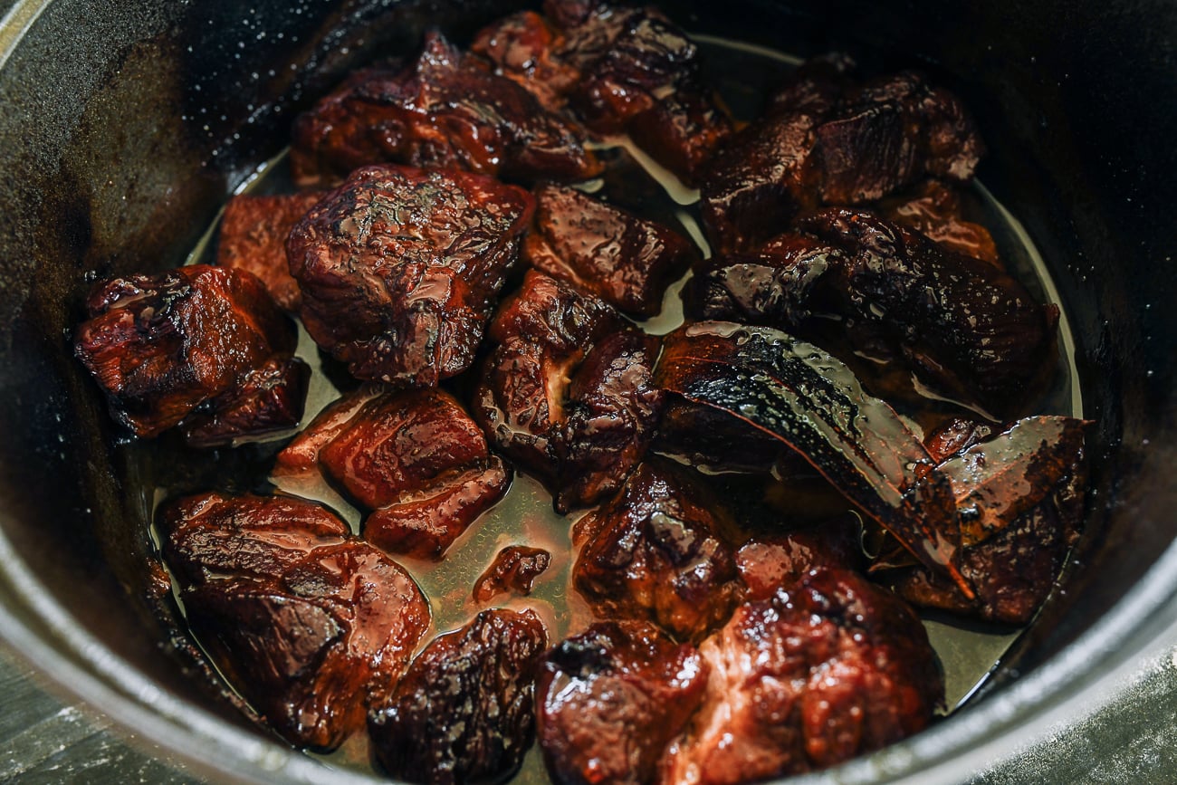 red braised pulled pork in pot after cooking