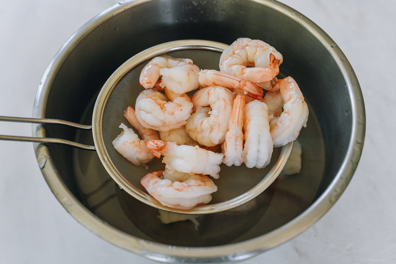 blanched shrimp in strainer