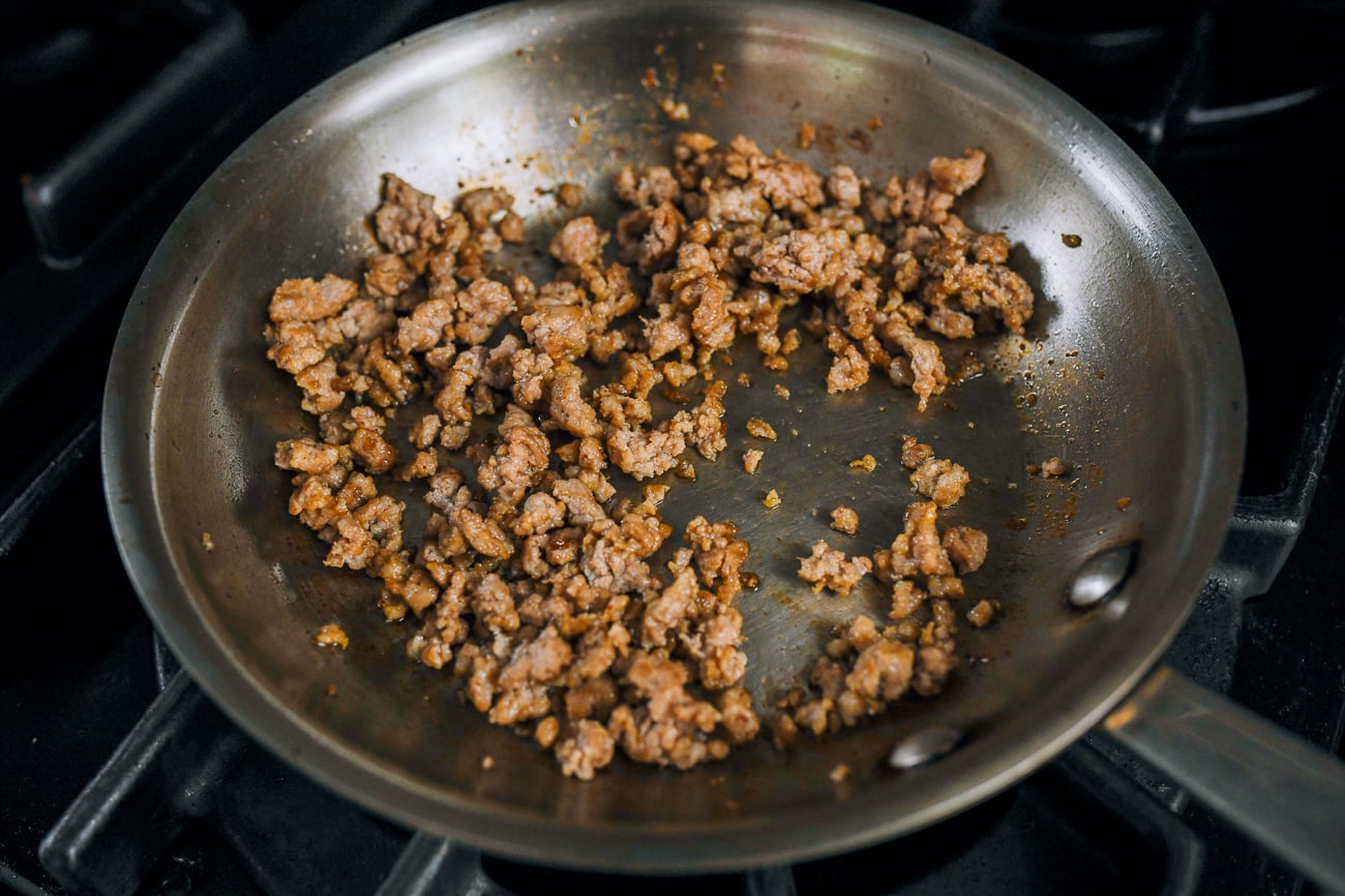 cooked ground pork in pan
