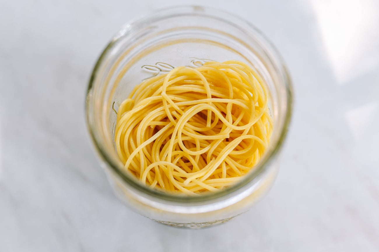 thin spaghetti noodles in mason jar