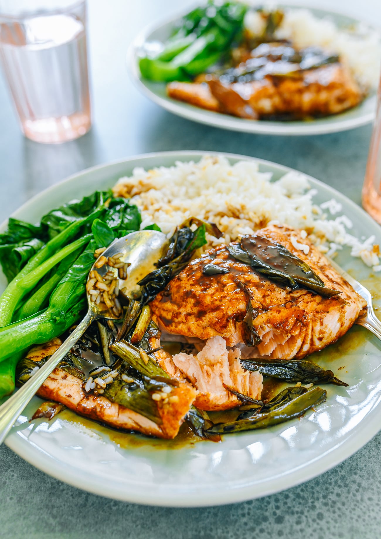 glazed salmon on plate flaked apart