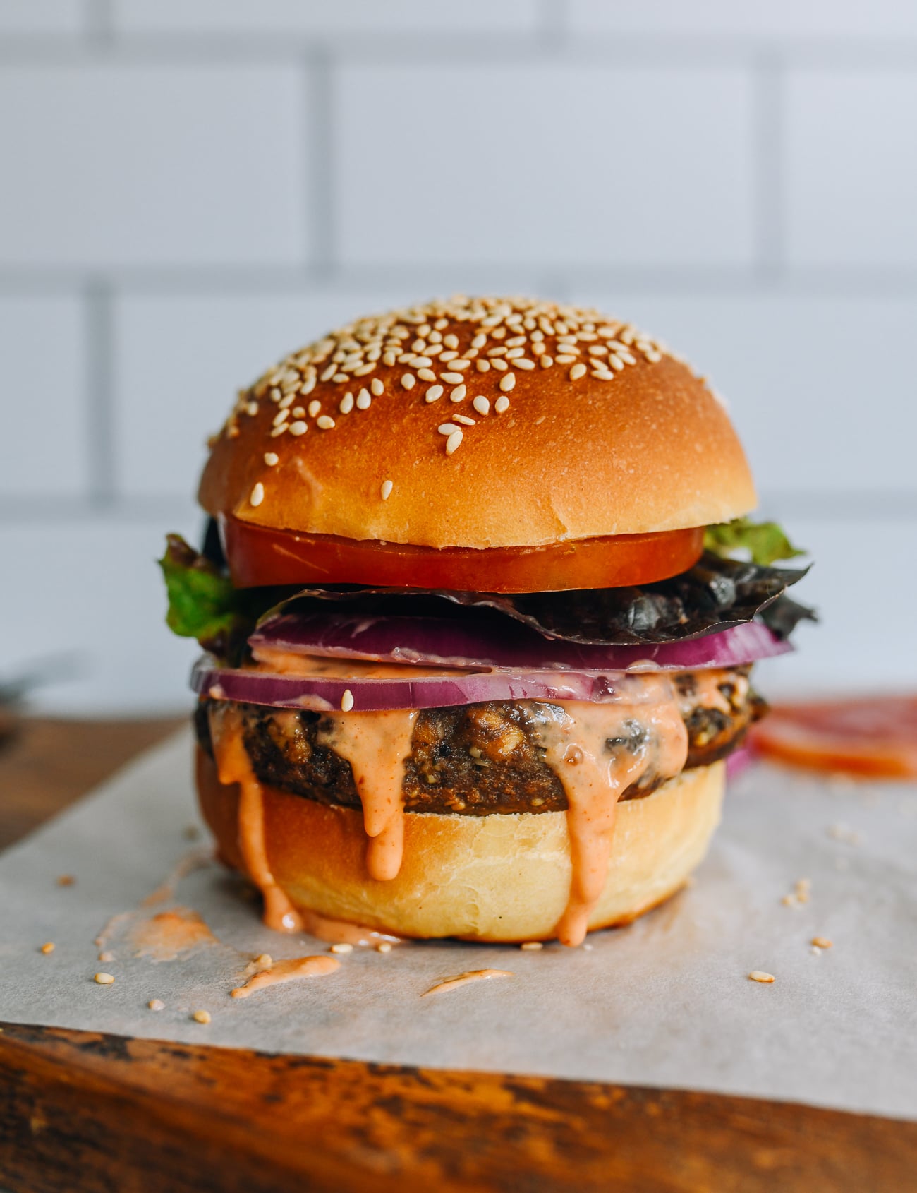 tofu burger on sesame seed bun
