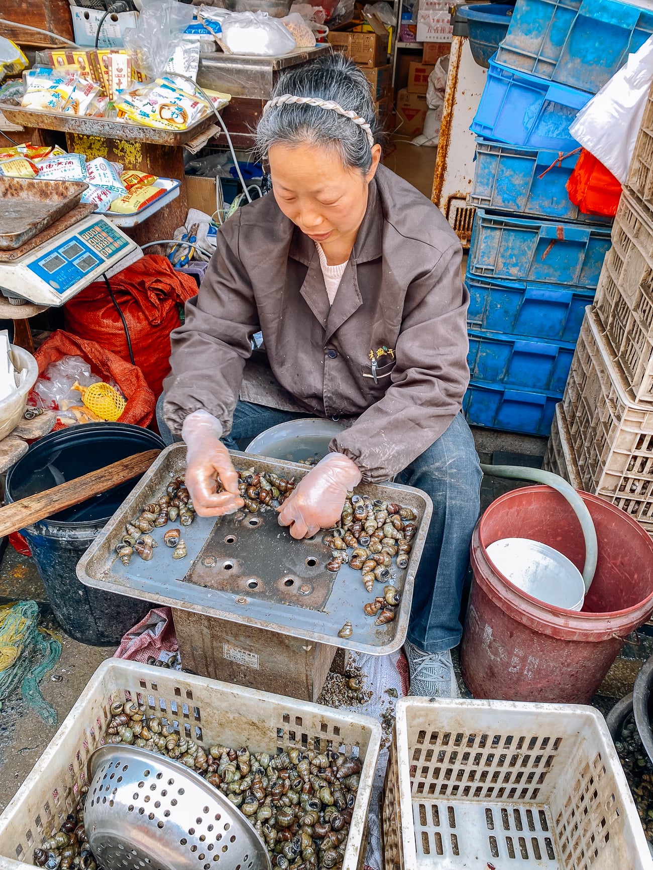 Chinese market vendor processing snails