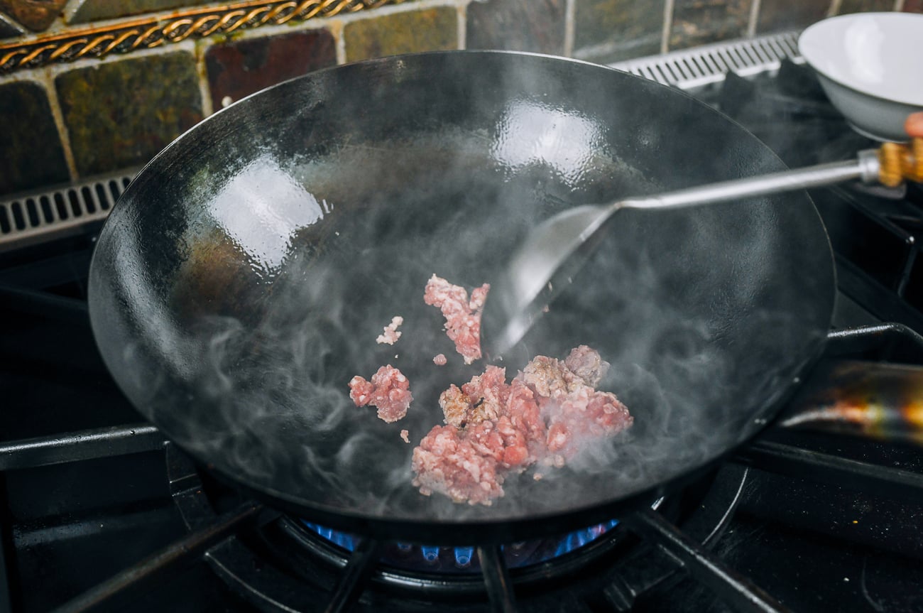 cooking ground pork in wok