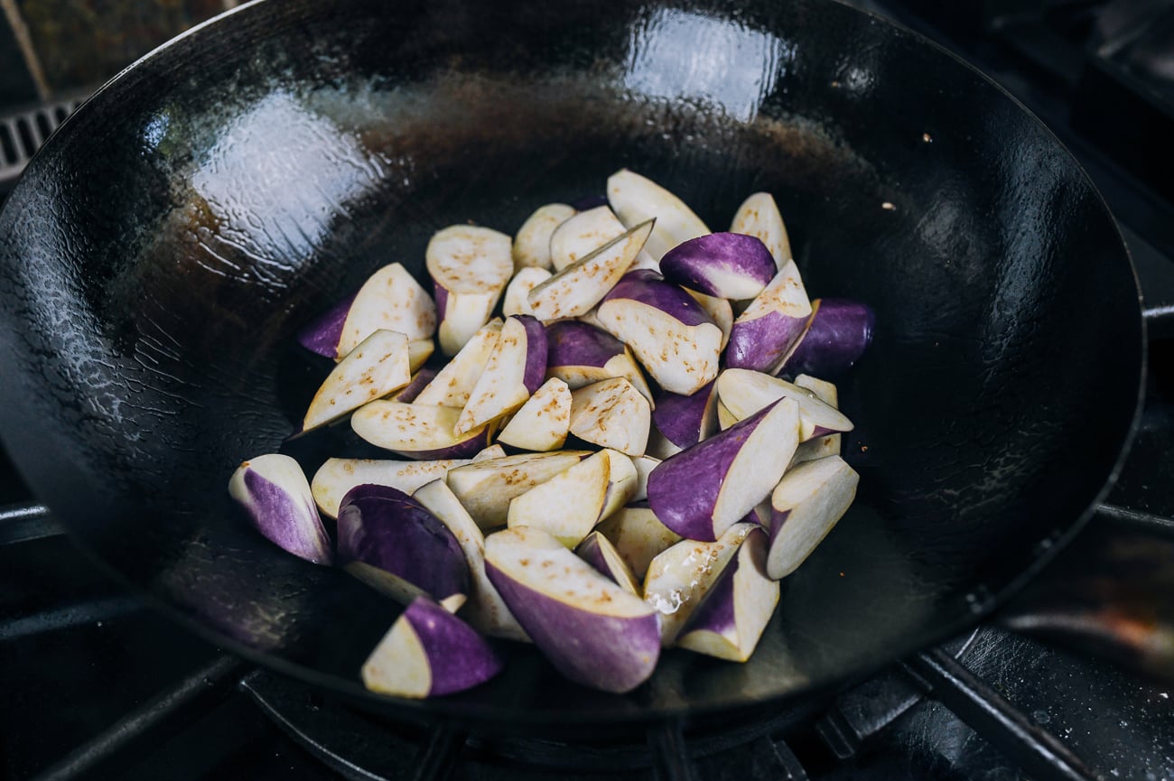 eggplant pieces in wok