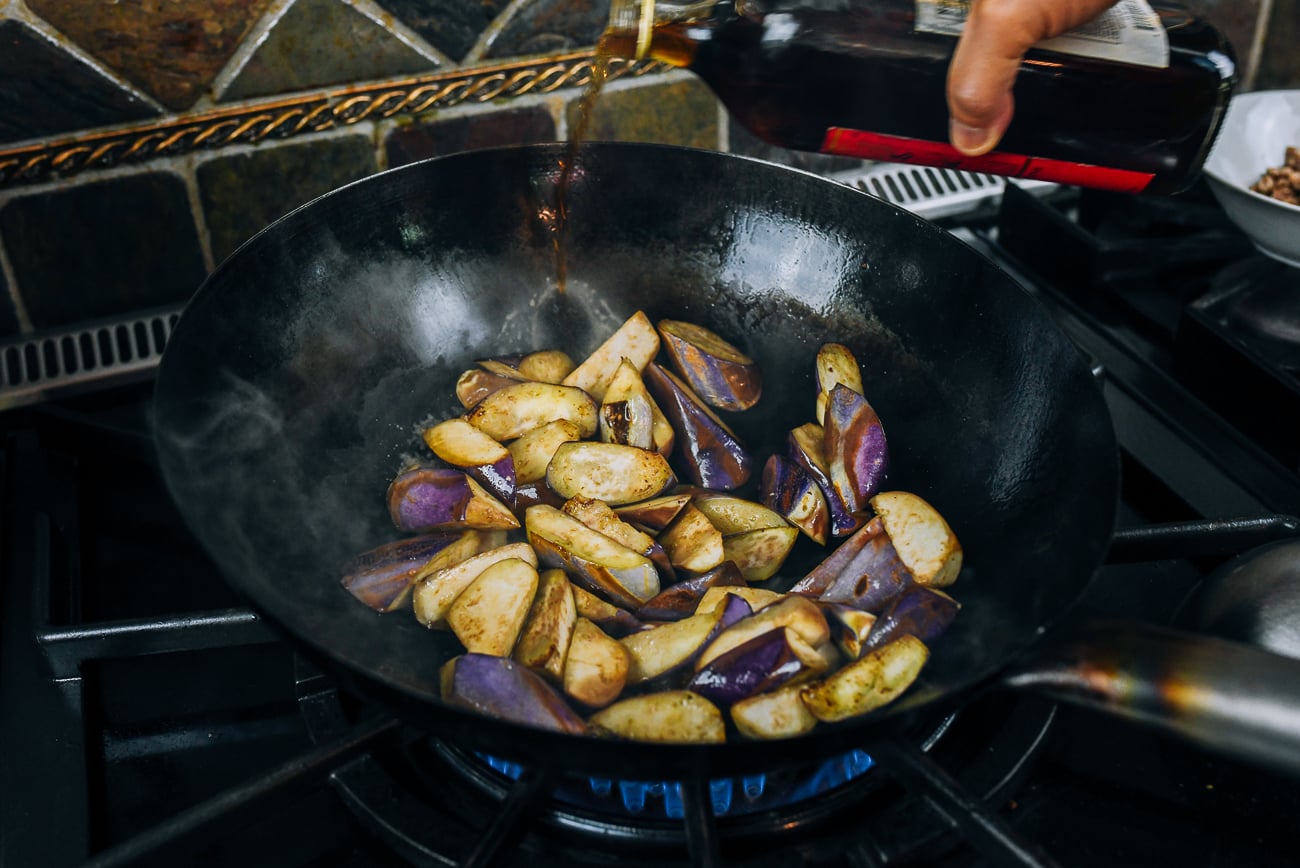 eggplant searing in wok
