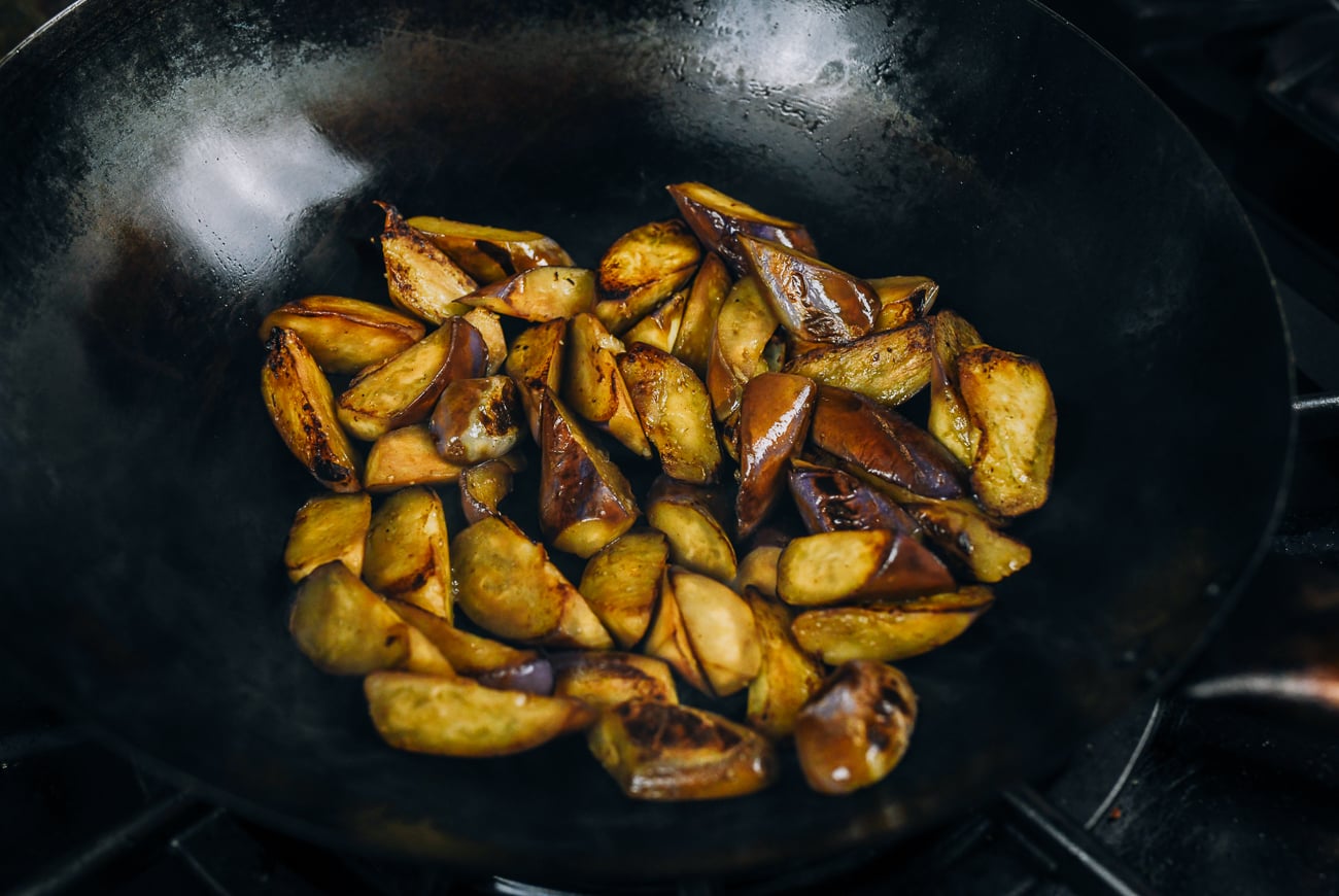 seared eggplant in wok
