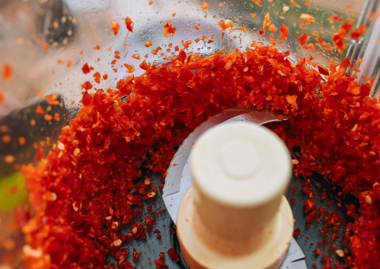 ginger, garlic, and chilies in food processor