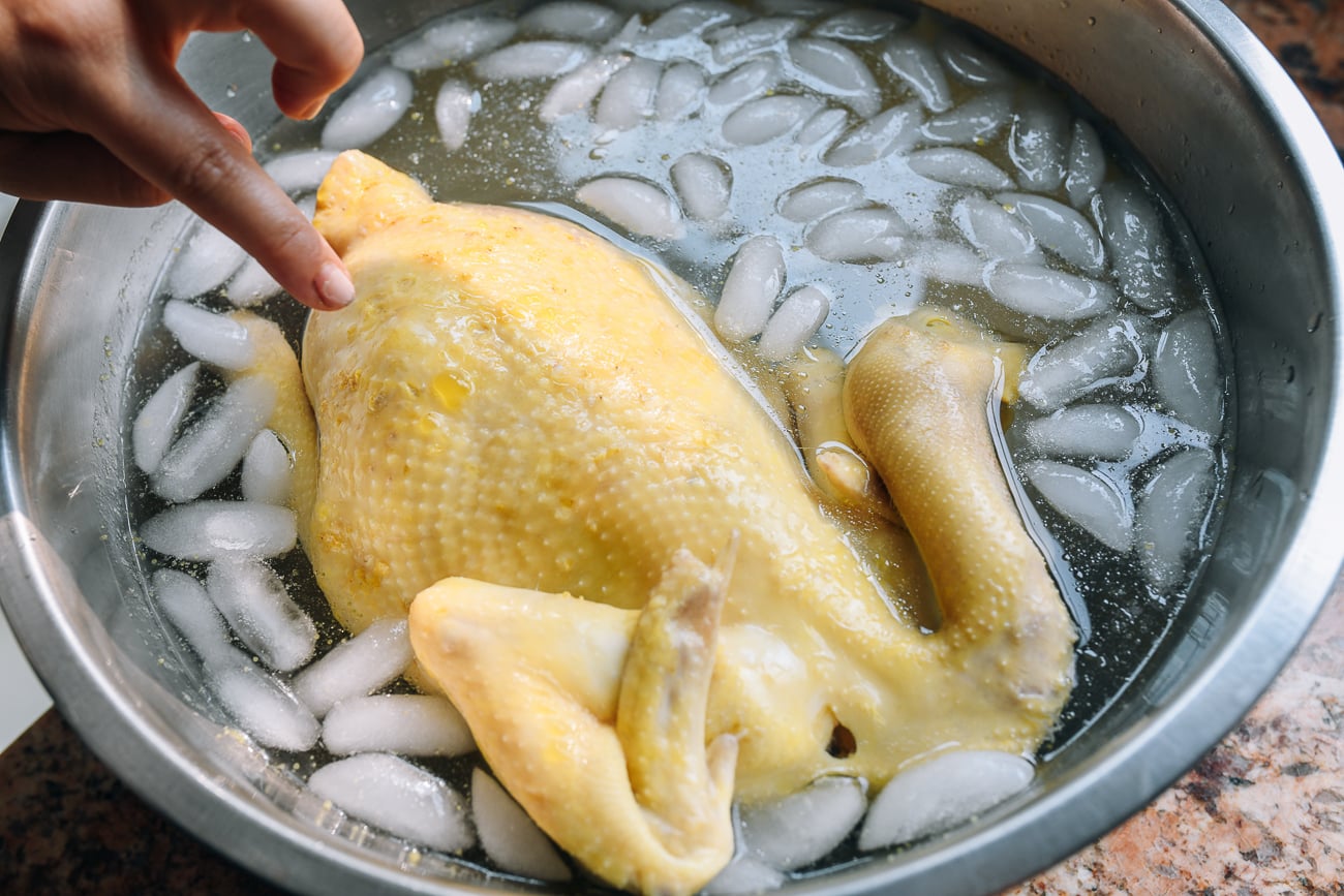 whole poached chicken in ice bath