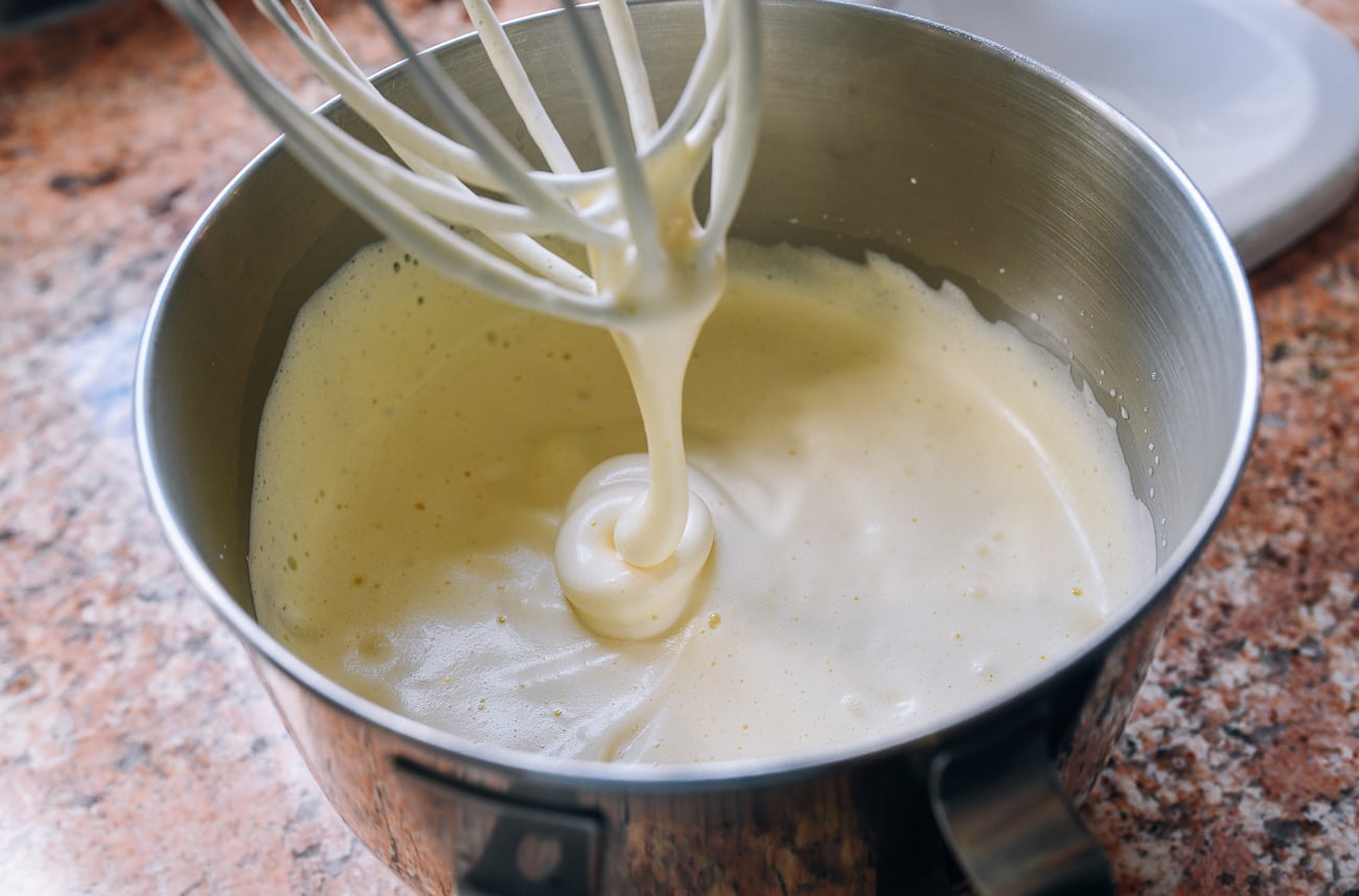 egg, sugar, honey in ribbon stage