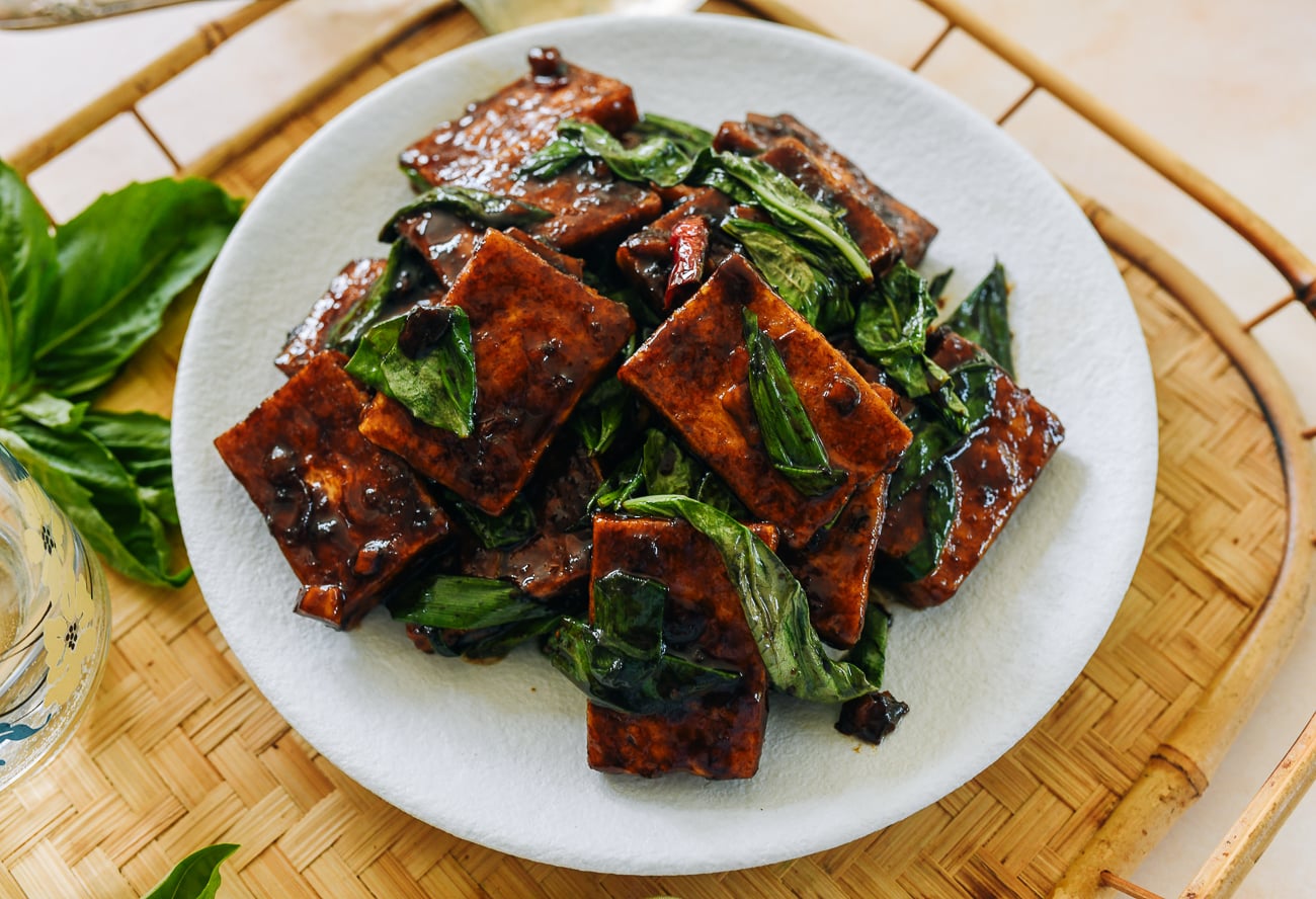 Three Cup Tofu on White Dish