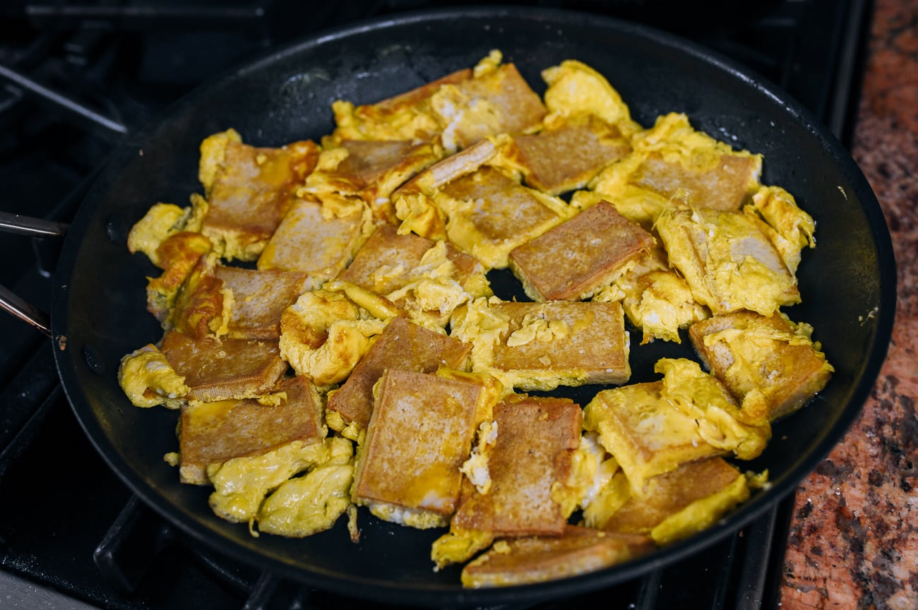 Chinese egg hugging tofu in pan