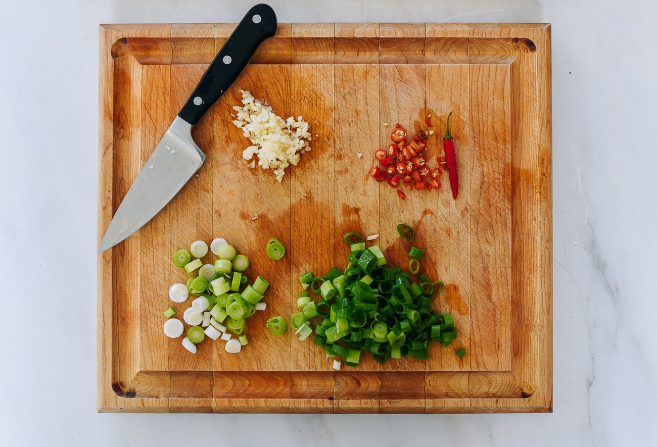 chopped aromatics on cutting board