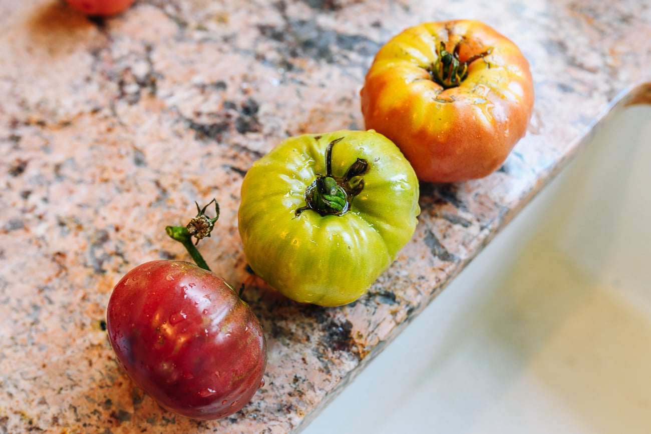 Heirloom tomatoes on kitchen counter