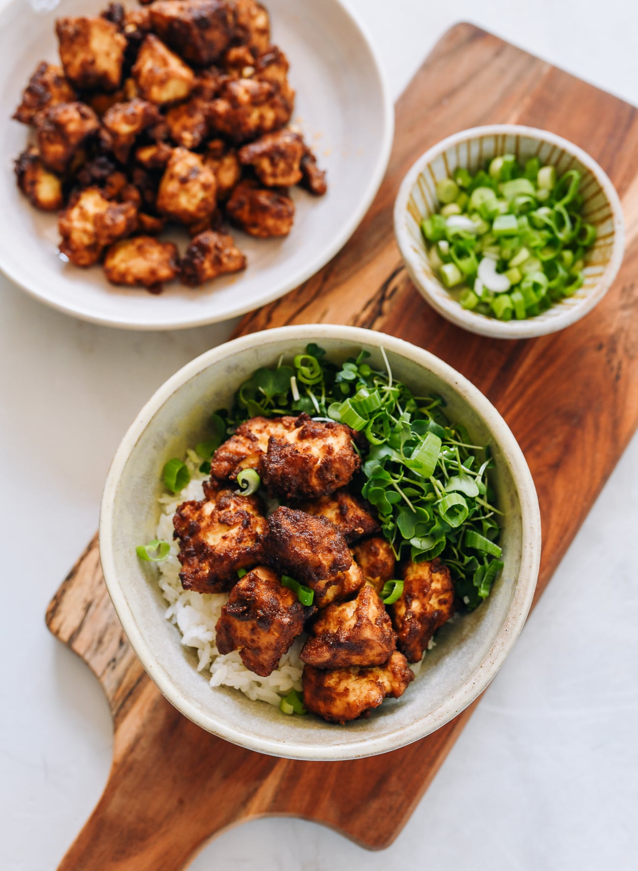 air fryer tofu in bowl with rice and vegetable