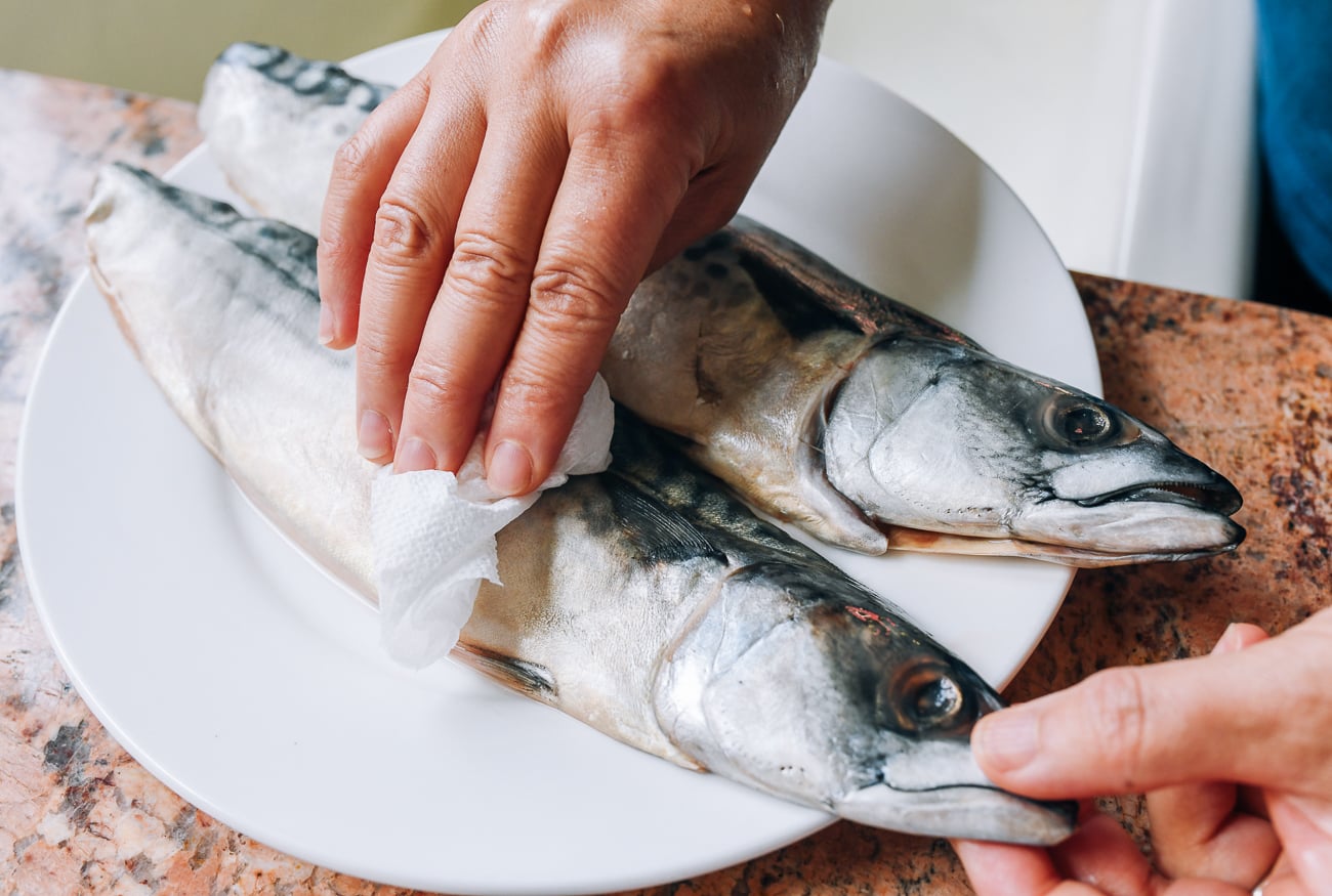 patting mackerel dry