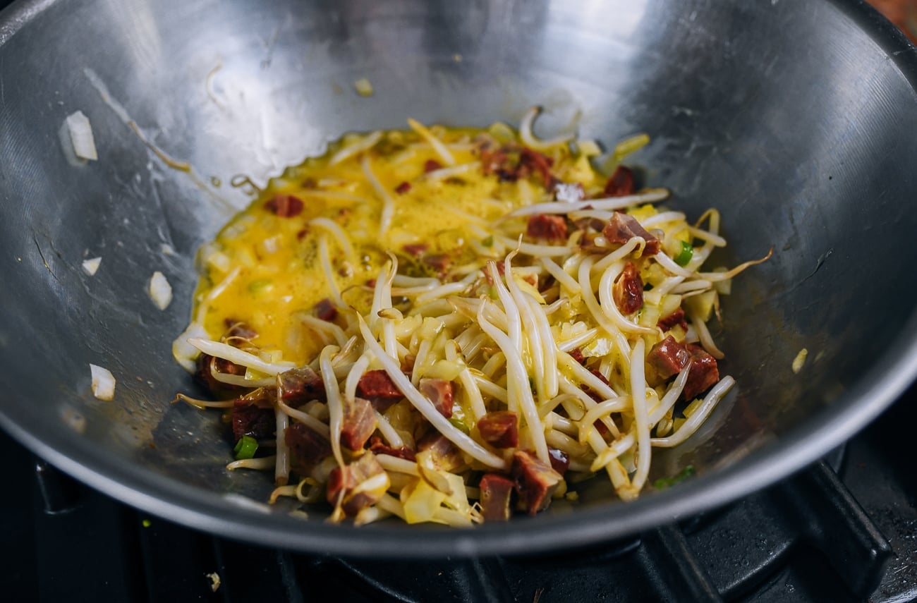 roast pork egg foo young batter mixed