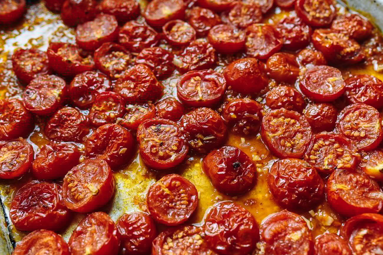 Sheet pan of oven roasted tomatoes