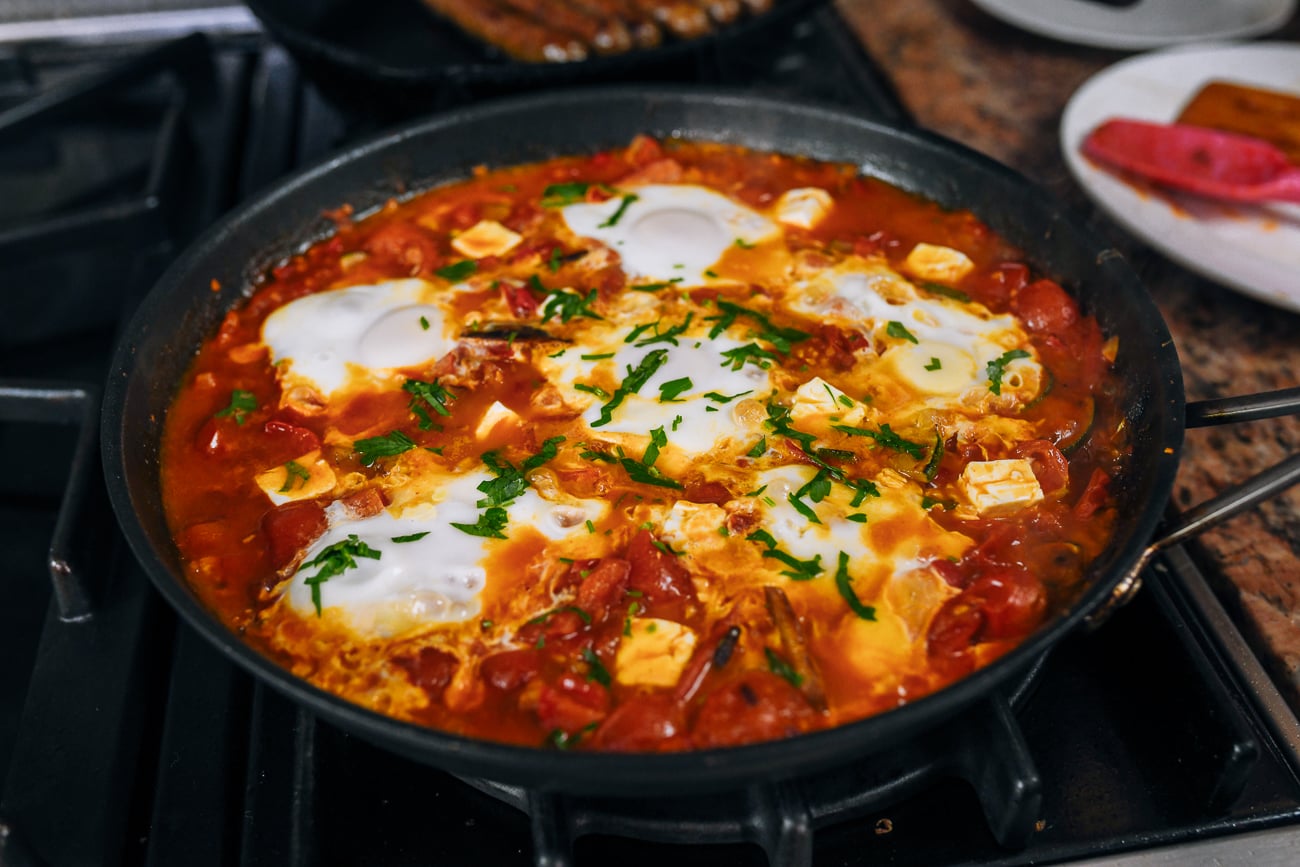 cooked pan of shakshuka