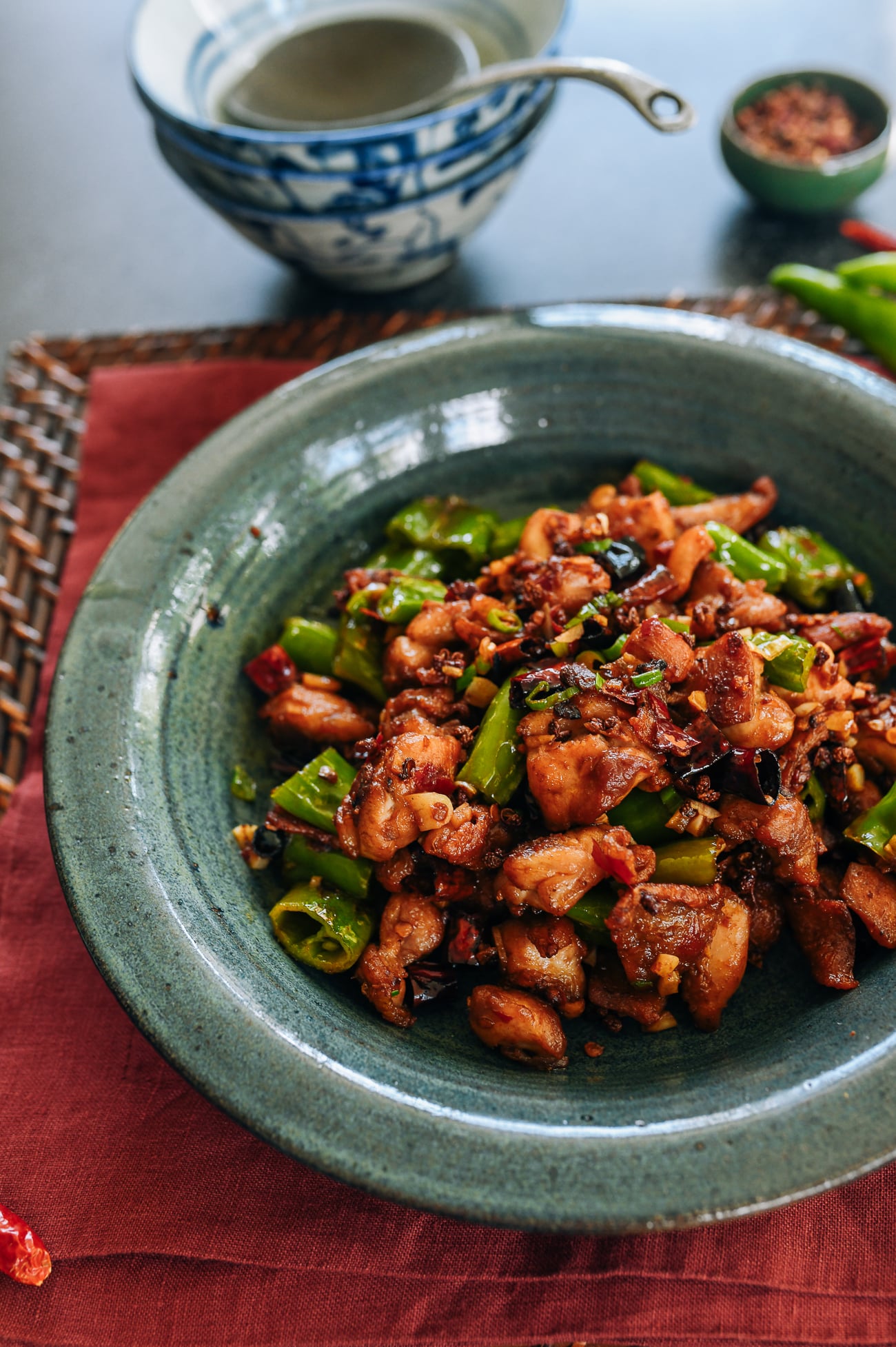 Three Pepper Chicken with dried chili, green peppers, and Sichuan peppercorns