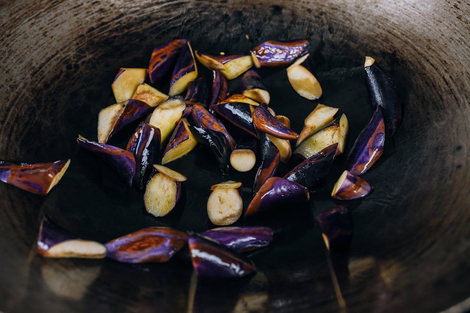seared eggplant in wok