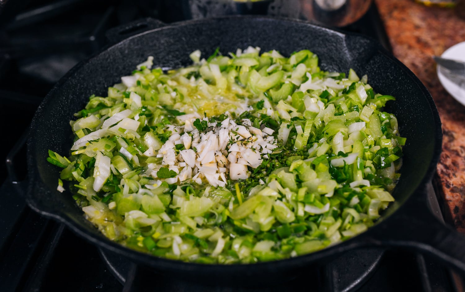 celery, leeks and garlic in pan